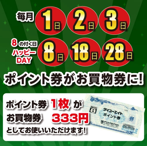 8 の付く日もポイント券1 枚がお買物券333 円